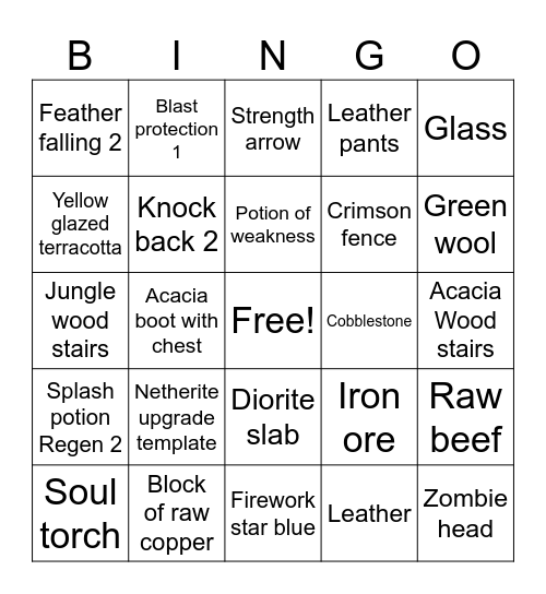 Minecraft bingo Card