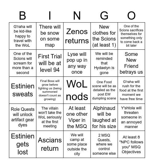 Dawntrail 7.0 Bingo Card