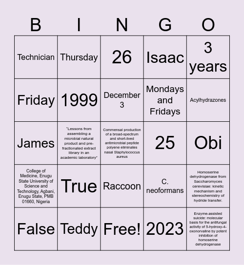 Linda's Farewell Bingo Card