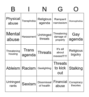 Insane parents Bingo Card