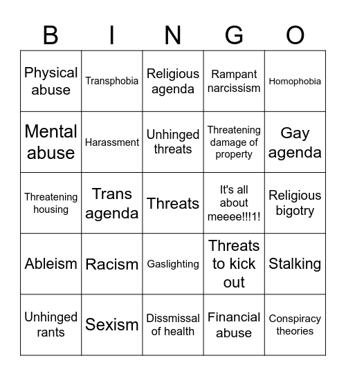 Insane parents Bingo Card