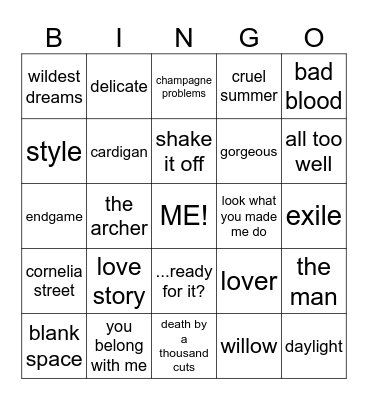 TAYLOR SWIFT SONGS Bingo Card
