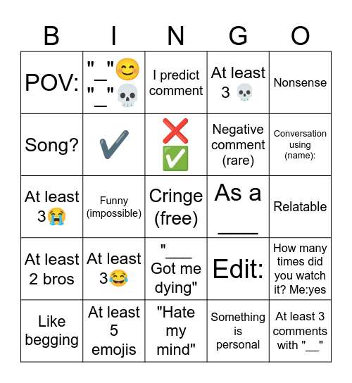 Yt shorts comments Bingo Card