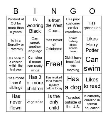 New Hire Bingo Card