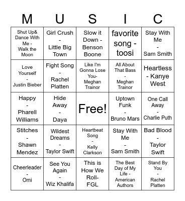 Pop Music Bingo Card
