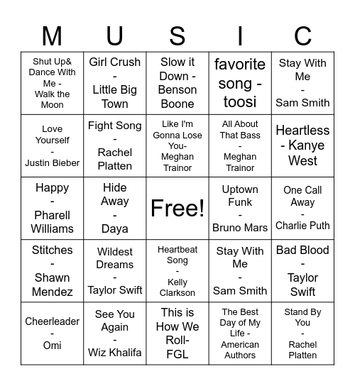 Pop Music Bingo Card