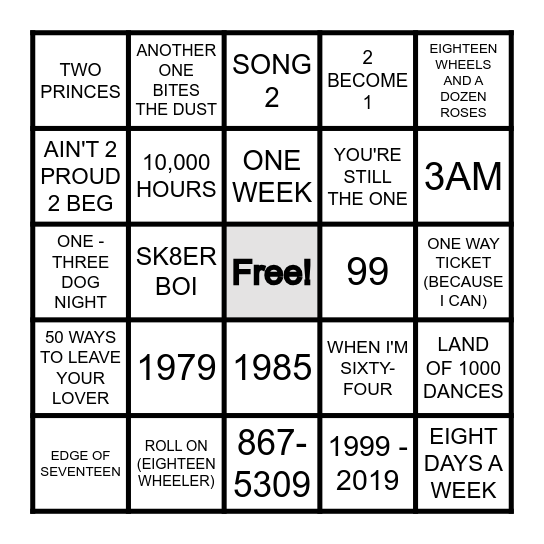 NUMBERS Bingo Card