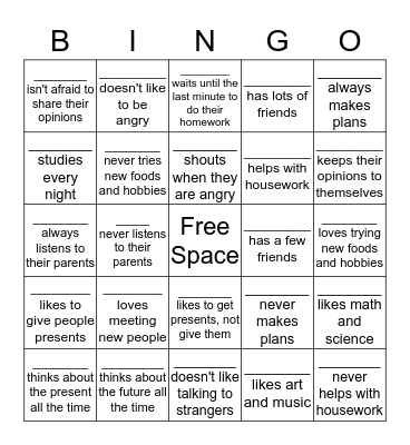 Personality Bingo Card