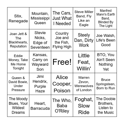 Classic Rock Bingo Card