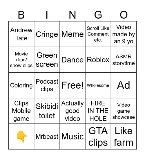 YouTube shorts Bingo Card