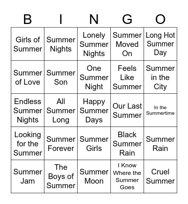 SUMMER ROCK-N-ROLL BINGO Card