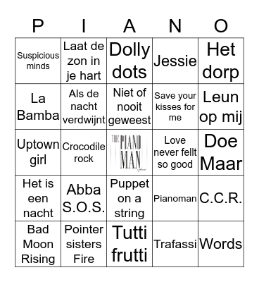 Pianoman Music Bingo Card