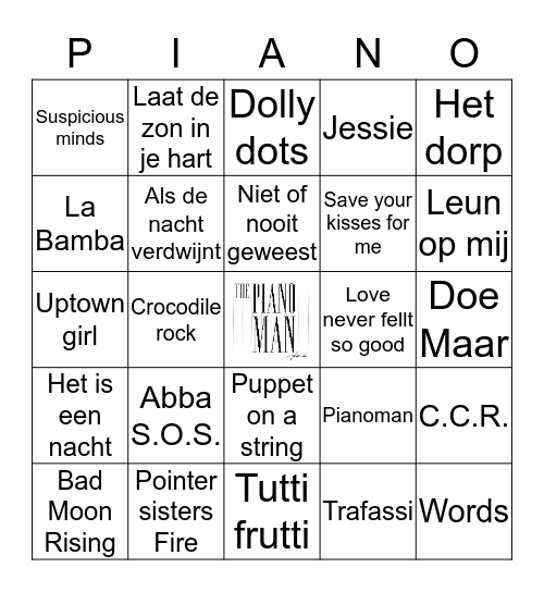 Pianoman Music Bingo Card