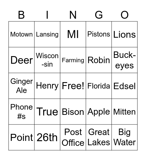 Michigan Trivia Bingo Card