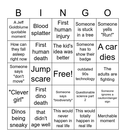 Jurassic Park Bingo Card