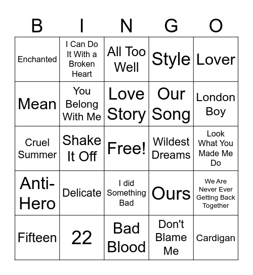 Taylor Swift Bingo Card