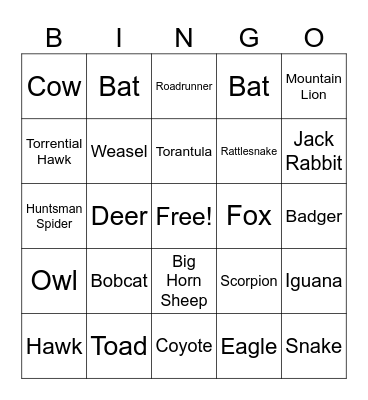 Anza Animals Bingo Card