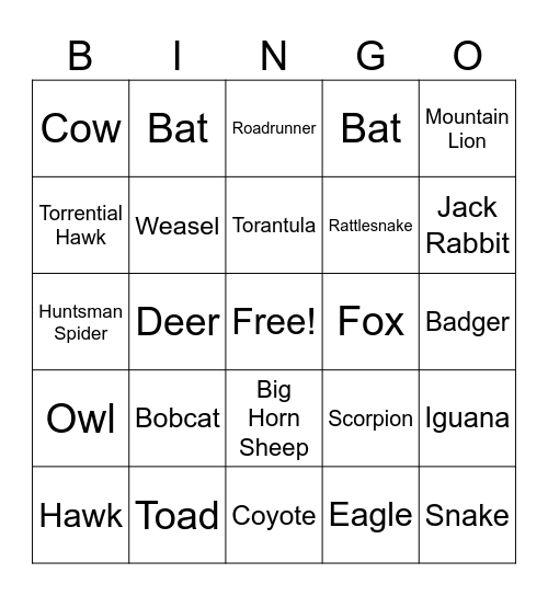 Anza Animals Bingo Card