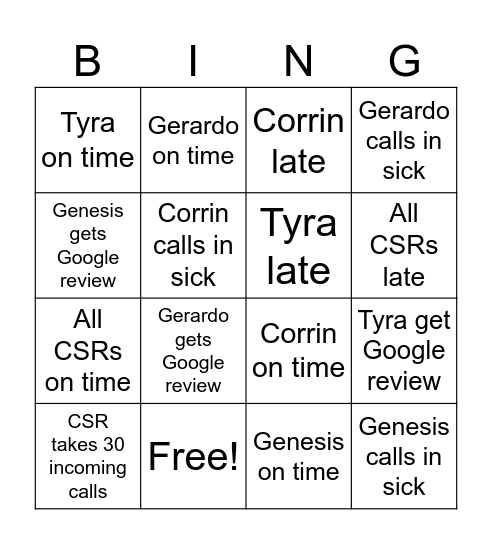 CSR Bingo (for managers only) Bingo Card