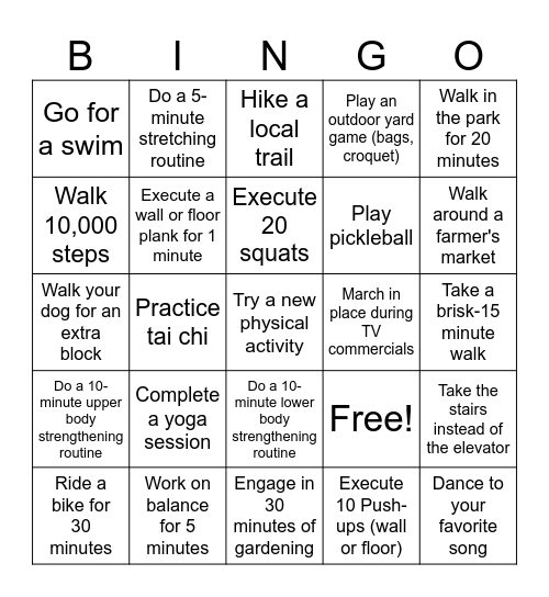 Movement Activities Bingo Card