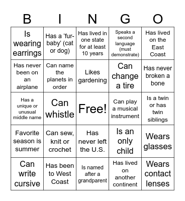 Get To Know You Bingo Card