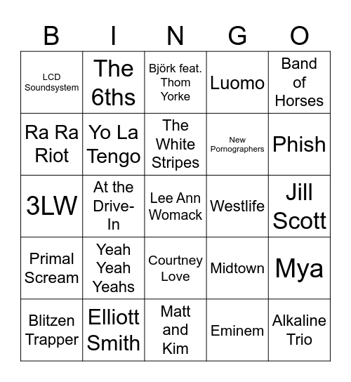 2000's Deep Cuts Bingo Card