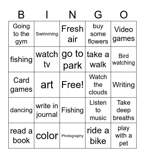 leisure Bingo Card