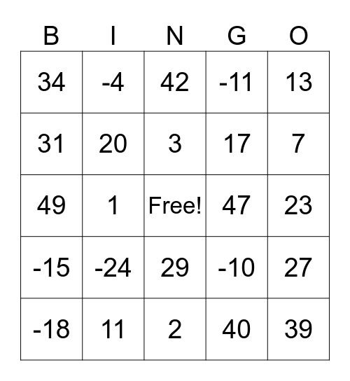 Negative Integer Bingo Card