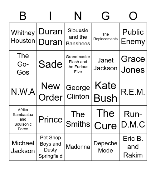 The Top 25 Songs Of The 1980's (according to Rolling Stone) Bingo Card