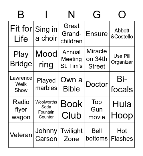 Across The Decades Bingo Card