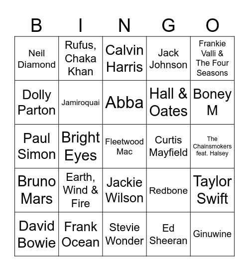 Wedding Songs Bingo Card