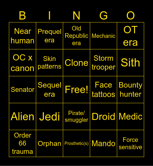 Star wars OC bingo Card