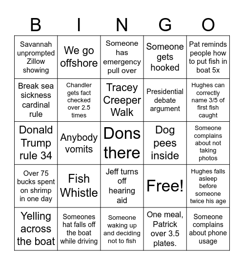 Fishing Trip Bingo Card