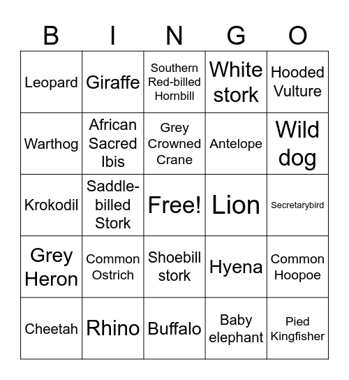 Zambian animals Bingo Card