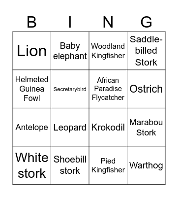 Zambian animals Bingo Card