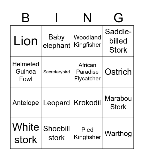 Zambian animals Bingo Card