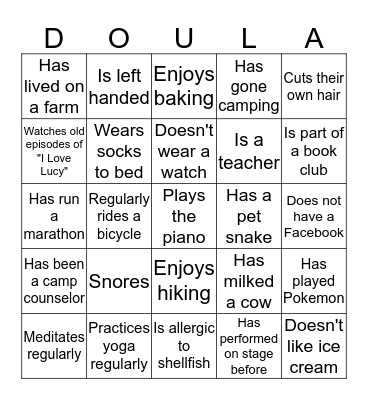 June 2016 Doula Project Ice Breaker Bingo Card