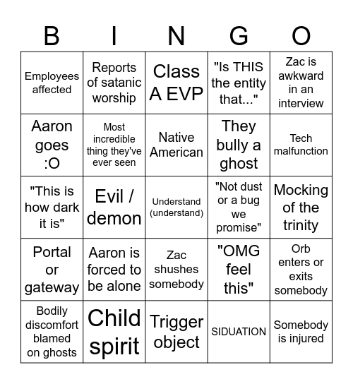 Ghost Adventures Bingo Card