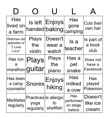 June 2016 Doula Project Ice Breaker Bingo Card