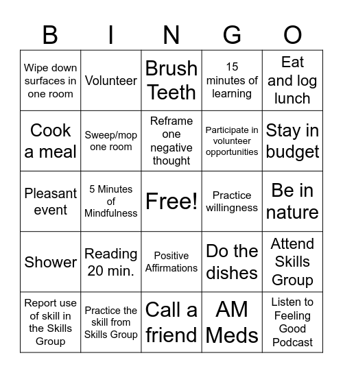 Road to Recovery JG Bingo Card