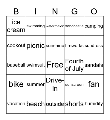 Summer Vocabulary  Bingo Card