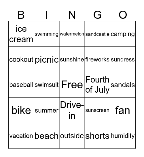 Summer Vocabulary  Bingo Card