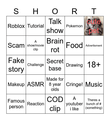 YouTube shorts Bingo Card