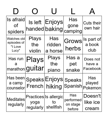 June 2016 Doula Project Ice Breaker Bingo Card