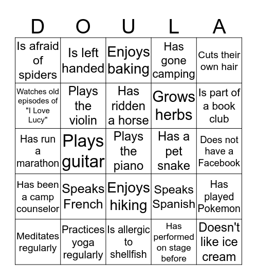 June 2016 Doula Project Ice Breaker Bingo Card