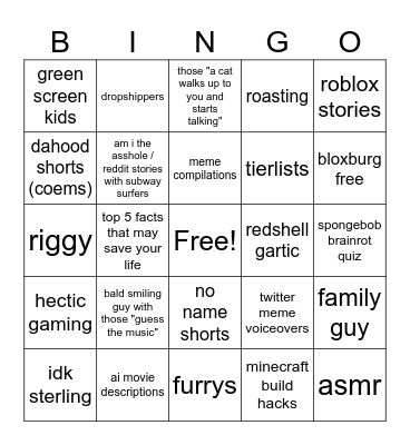 yt shorts bingo Card