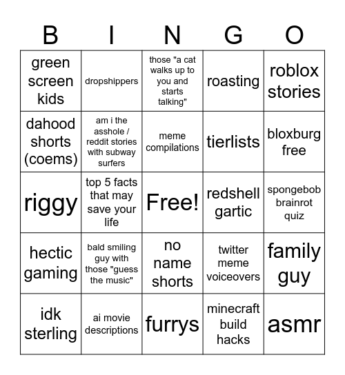 yt shorts bingo Card