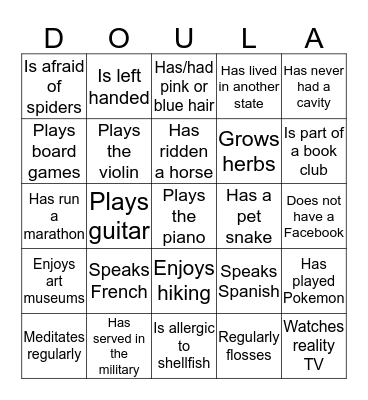 June 2016 Doula Project Ice Breaker Bingo Card