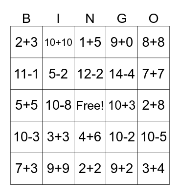 1-15 Addition and Subtraction Fact Bingo Card