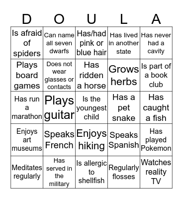 June 2016 Doula Project Ice Breaker Bingo Card